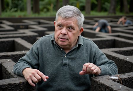 a photo of a  elderly man with Down syndrome navigating a maze full of traps.  No deformed hands.