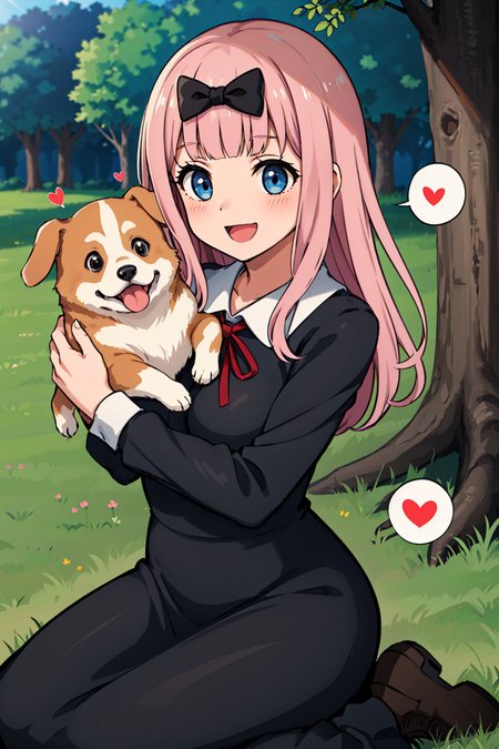 masterpiece, best quality, highres,caustics,  chika1, fujiwara chika, school uniform, black bow, black dress, red ribbon, long sleeves, blunt bangs, neck ribbon, collared dress, large breasts,<lora:fujiwaraChikaKaguya_v10:0.65>, 1girl, (smile:1.2),  :d,happy, park, grass , tree, hugging dog, shiba inu,  animal, blush, kneeling, spoken heart, squishing,