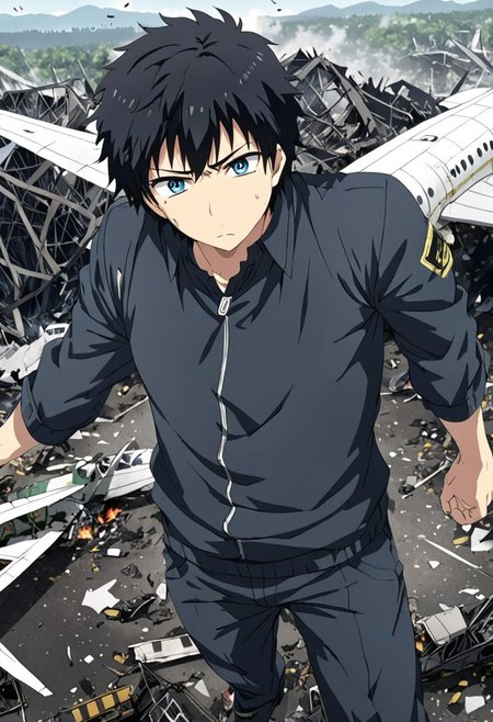 high resolution, solo, best quality, 1Boy, Arata Kaizaki, Black Hair, Blue Eyes, dystopia, Plane Crash, OverallDetail