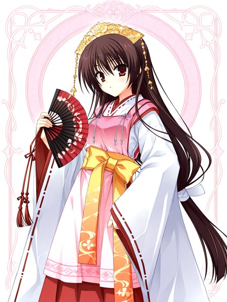 <lora:sakuyahime-tenshin-000009:1>,il-unohana-sakuya,1girl,ukami outfit,solo,japanese clothes,brown hair,
ponytail,yellow bow on waist,ribbon-trimmed sleeves,miko,pink wide shoulder strap out layer,white outer  long under layer,elegant white gown with a trailing hem,red layer skirt inner,holding a closed black folding fan wrapped with decorative threads,
<lora:add-detail-xl:1>,<lora:ponyv4_noob1_2_adamW-000017:0.8>,wear clothes,