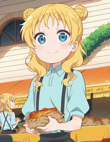 score_9, score_8_up, score_7_up, source_anime, <lora:dragon-chloe-s2-ponyxl-lora-nochekaiser:1>, chloe, blue eyes, blonde hair, hair bun, double bun, child, female child,, skirt, shirt, thighhighs, collared shirt, suspenders, blue shirt,, restaurant, laughter, good food, warm lighting, celebration, smile, , v,, solo,, dutch angle,