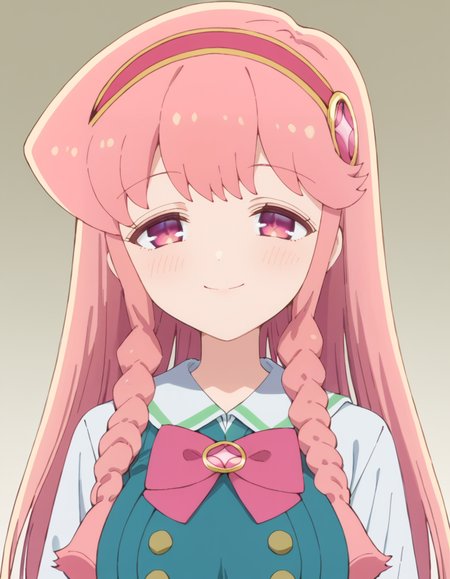 score_9, score_8_up, score_7_up, source_anime, BREAK
1girl, solo, looking at viewer, gradient background, light smile, upper body 
mami kirara (puniru wa kawaii slime), long hair, pink hair, hairband, sidelocks, twin braids, pink eyes,
school uniform, sailor collar, white shirt, pink bowtie, pinafore dress,
<lora:mami_kirara-puniru_wa_kawaii_slime_s1-anime-soralz:1>