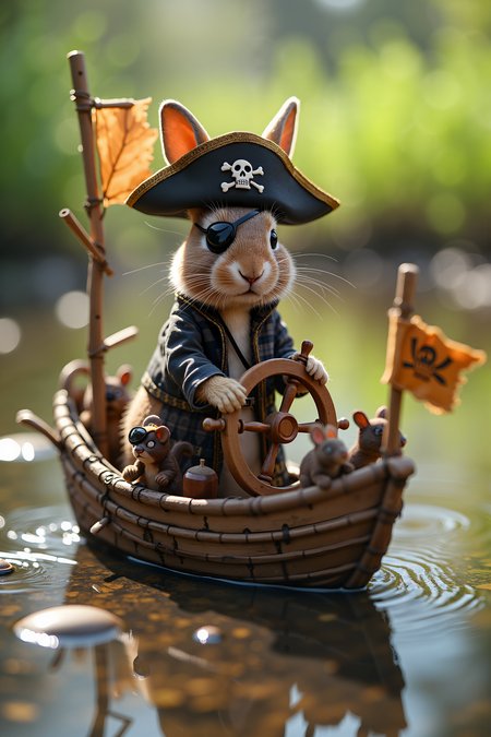 A humorous and adventurous scene featuring a rabbit pirate standing proudly at the helm of a tiny, makeshift ship sailing across a large puddle. The rabbit, wearing a miniature tricorn hat with a skull and crossbones, has a determined expression as it grips the wooden wheel with its tiny paws. It’s dressed in a patchwork pirate coat, with one ear adorned with a small gold hoop earring. An eye patch covers one eye, giving it a swashbuckling appearance.

The ship is a playful contraption, cobbled together from twigs, leaves, and a matchstick mast with a leaf serving as a tattered sail. A tiny flag flutters at the top, emblazoned with a crudely drawn skull and crossbones. In the background, the puddle stretches out like a vast ocean, with blades of grass towering like distant islands. A few scattered acorns and small pebbles are positioned as makeshift cannons along the ship’s side.

On deck, a crew of small forest animals—perhaps a squirrel with a bandana and a mouse with a tiny sword—stand ready, adding to the comical sense of grandeur in this miniature pirate adventure. The lighting is bright, with the sun reflecting off the puddle, casting playful shadows and adding to the lively, lighthearted atmosphere.