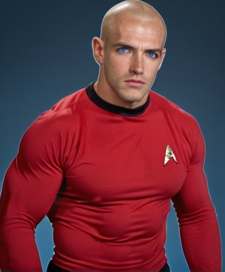 1boy, 20 year old male, Handsome, masculine, blonde, star trek, red shirt, muscle,  tall, tight shirt, wide pectorals, big shoulders, wide shoulders, muscular neck, German, bald, big pale blue eyes, abs, biceps, soldier facial expression, phaser, hand,

stunf, star trek uniform,