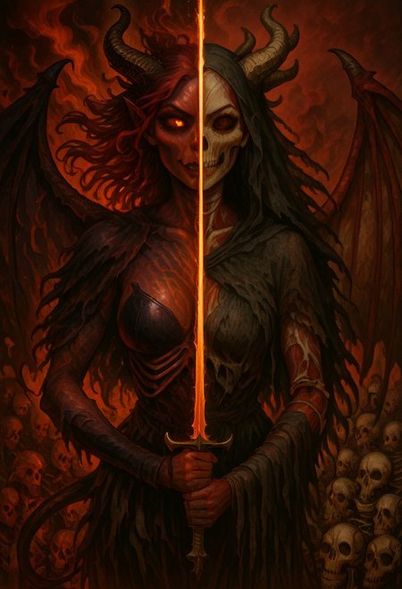 masterpiece, best quality, newest, absurdres, highres, 
DUSV1.0, split screen, split theme, dual persona, transformation, dark persona, holding sword, sword, holding weapon, holding, weapon,
1girl, red skin, red colored skin, demon girl, succubus, demon horns, horns, demon wings, demon tail, wings, horror (theme), monster girl, skull, skull mask, bones, skeleton, veil, veiled face, mask,