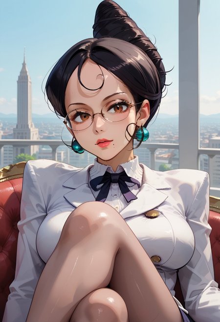 score_9, score_8_up, score_7_up, absurdres, anime screencap, anime_source, very aesthetic, illustration, perfect composition, eye catching, intricate details, vibrant colors, 1 girl, upper body, thick body, 
mature female, 45 years old, milf, msvictoria, brown eyes, glasses, ball earrings, large breasts, black hair, high bun hair, hair bun, mole under mouth, double breasted blazer, neck ribbon, pencil skirt, pantyhose, high heels, crossed legs, detailed hair, perfect skin, seductive, suggestive, sitting on a fancy chair, submissive, 
BREAK
skindentation, indoor, city background, detailed, high quality, zPDXL3