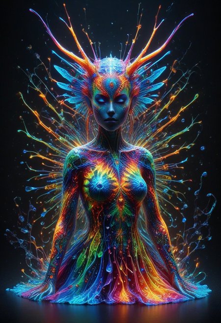 Colorful Chaos Cracks and Drops, professional photography of an fantastical elf demon princess entirely made of cyberflies with whimsical elements, swirling magic, eerie fairytale landscape, elaborate fantasy style art, very colorful, intricate details, ultra sharp, exquisite detail, flawless composition, vivid colors, masterpiece, exciting background, TAS, TASvisuals, Psychedelic , Rave, Elaborate , Blacklight , Vibrant , cyberflies, black light paint, blp, Colorful Chaos Cracks and Drops, mad-glowtiedye, made out of,colorful,liquid,Murano Art Glass