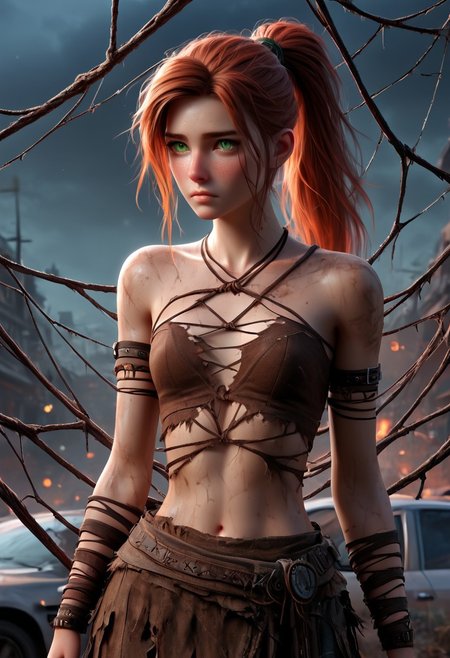 1woman, Masterpiece, 4k, ultra high detail, score_9, score_8_up, score_8, 21yo,  small breast size, long red ponytail hair, fcNeg, stunning green eyes, freckles, white skin, small nose, innocent beauty, slim face,  skinny body, perfect body, supermodel, 
Dirty skin, ready to fight, never giving up, sad look, 
Native Tribal clothes, Waterworld_clothes with long skirt_ripped_side, long ripped coat,  captured in spiderweb, stuck in spiderweb, 
Dark sky, night sky, nighttime, night, ruined skyscraper wrapped in spider net, destoyed skyline, 
 Apocalyptic scene, ruined skyscraper, burning city, destroyed cars, Collapsing buildings, 
End of the World, 
negative_hand, NightScapes,