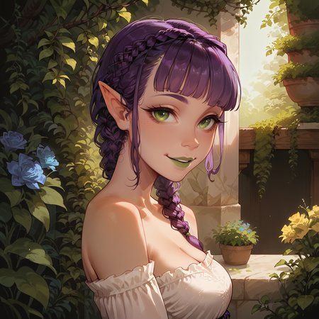 score_9, score_8_up, score_8, score_7_up,score_7, source_anime, rating_explicit, hires, (detailed,best quality:1.2),(<lora:Expressive_H:0.3>), (<lora:JGStyle:0.5>),(<lora:incase-ilff-v3-4:0.7>), 1girl, (skinny:1.3), narrow waist, thin, slender,(<lora:oppai_v0.1-pony:0.8>) , medium breasts, <lora:French_Braids:0.9>, frbraids,  purple hair, green eyes, pointy ears,  portrait, short hair, hair flower, lace, smile, neat hair, exquisite dress, <lora:Looking_over_shoulder:0.8> , ovrshldr, from side, looking over shoulder, green garden, flower petals, expresssive light, cinematic, golden skin, looking at viewer, blunt bangs, green lips, cleavage, strapless, bare shoulders,