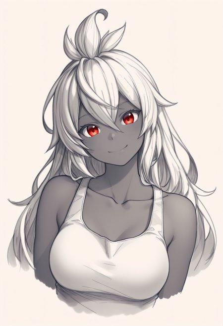 masterpiece, best quality, 1girl, solo, Z00ey, red eyes, grey hair, long hair, ahoge, dark skin, tank top, collarbone, spot color, greyscale, monochrome, lineart, sketch, graphite \(medium\), traditional media, cropped torso, looking at viewer, smile, head tilt, three quarter view, <lora:ChamZooeyNoob:1>