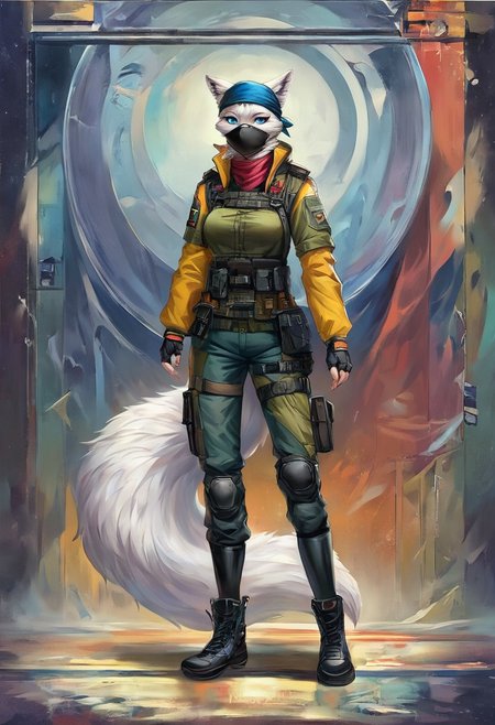 Score 9, Score_8_up, Score_7_up, ng_deepnegative_v1_75t, negative_hand, charturnerv2, knee-deep portrait of adult female,  banners, starship, high technology, shirt, fingerless gloves, soldier uniform,, , anime, Arknight provens, detailed background, cyberpunk, bandana, facemask, furry, arctic fox species, arctic fox tail, arctic fox ears