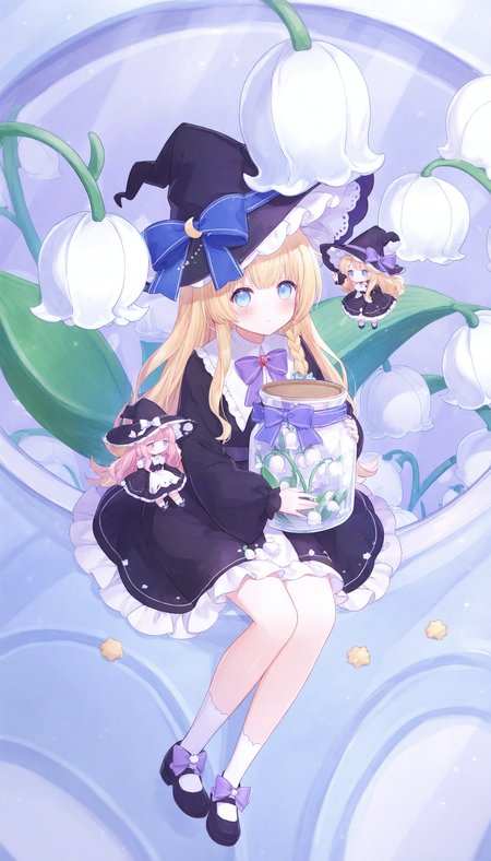 witch hat, bow, hat, flower, sitting, socks, blue eyes, white flower, long hair, white socks, purple bow, bowtie, dress, black headwear, hat bow, long sleeves, blonde hair, black footwear, frills, blue bow, looking at viewer, star \(symbol\), holding, closed mouth, pink hair, 1girl, full body, minigirl, crescent, mini person, lily of the valley, solo, shoes, blush, multiple girls, gem, ribbon, frilled dress, braid, footwear bow, black dress, jar, 3girls, wings, witch, purple bowtie,
masterpiece,best quality,newest,absurdres,highres,very awa,<lora:sei3_noob1.1-000200:0.8>,
