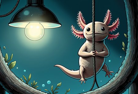 th3s1mpl3st comic, A single axolotl crawls along the thick, fibrous cable of a hanging lamp, its tiny feet gripping the rough surface as it makes its way upward. The lampâs bulb, massive and glowing faintly, flickers far above, casting a dim, uneven light over the axolotl as it cautiously ascends toward the ceiling., the axolotls have pink frilly gills and round black eyes