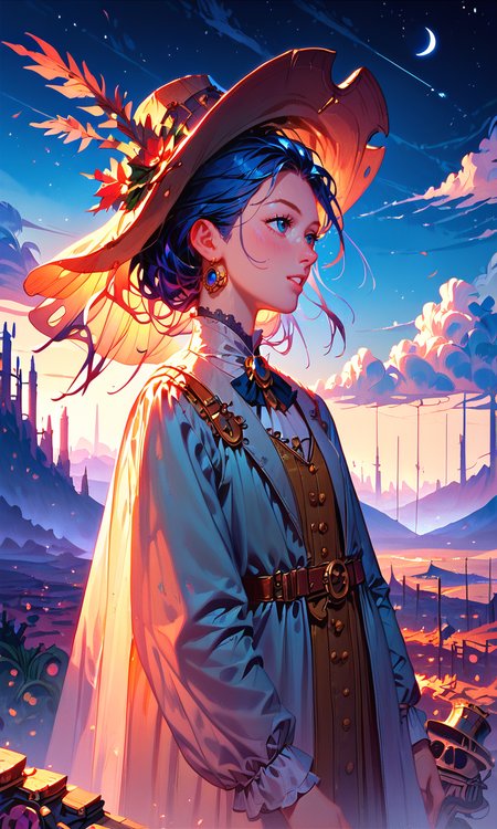 score_9, score_8_up, score_7_up, artistic, vivid, 1girl, A creative female engineer in a steampunk outfit, surrounded by gears, cogs, and various steam-powered inventions, sky, outdoor, night, masterpiece, absurdres,  <lora:MJ52:1>, 