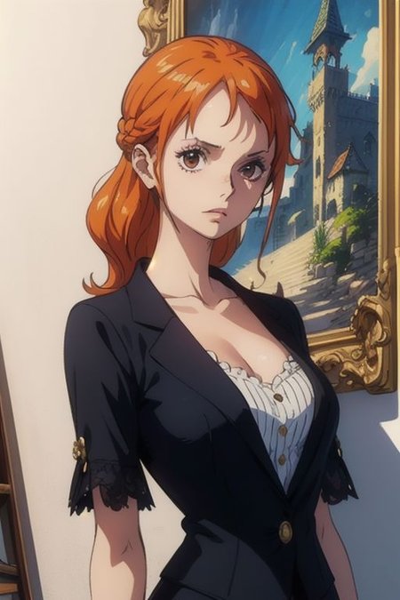 A painting of a woman in a black suit,  nami,
with a white background and a white wall,  a painting, fantasy art
masterpiece, best quality, depth of field, backlighting, intricate details,  <lora:SDXLHighDetail_v5:1>
