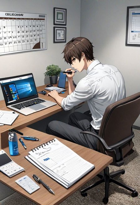 Highres, Masterpiece, High Quality, 4K, 8K, solo, 1Boy, Seiya Kanie, short dark brown hair, golden eyes, worker, working, office space, office desk, white wall, carpet floor, office chair, sitting, concentration, focus, think, fidget, pen, notepad, laptop, coffee, water bottle, document, calendar, calculator, wall clock, easynegative, detailed_eye_model