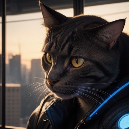 cat, cyberpunk, on the roop, close-up,