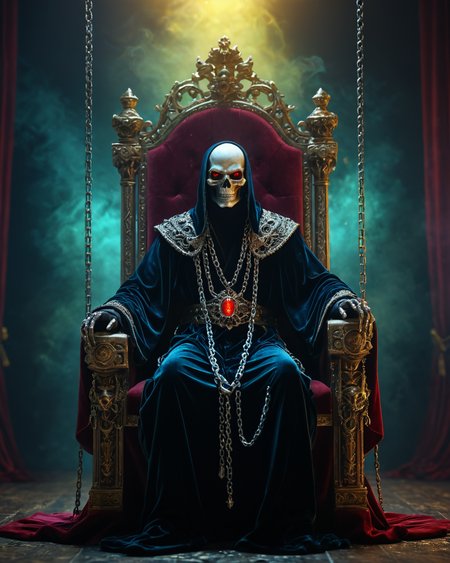 skeleton with glowing eyes sitting on throne hanging by chains, velvet robe, jewelry, intense color, hazy colorful background, volumetric lighting, <lora:add-detail-xl:1>,  <lora:xl_more_art-full_v1:0.4>,  ziprealism