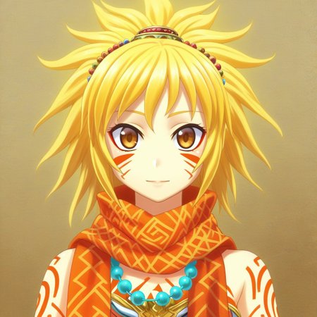 mana_sk style, portrait, focus on face, a spirited desert nomad girl with sun-kissed skin and wild sandy blonde hair tied with colorful beads, vibrant golden-brown eyes radiating energy, wearing a scarf with intricate tribal patterns, her face partially obscured by swirling desert sand, Japanese RPG style, adventurous and exotic atmosphere, intricate details on her scarf and hair beads