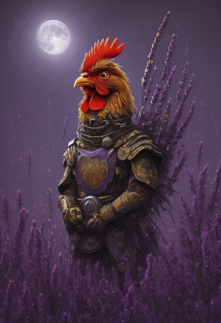 1chicken, yellow bill, red comb, cyber warrior japan, cybernetic samurai , (((katana)))), sitting on one knee, feathers, robot joints, wild, disheveled feathers, enormous expressive eyes, standing among purple lavender and yellow daisies, digital painting with textured brushstrokes, mechanical parts, full moon , city background, dark whimsical, detailed