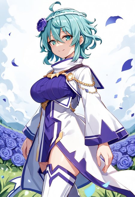 source_anime, score_9,score_8_up, score_7_up,score_6_up, 
1girl, 
sl33py_ms, ms2_fit, short hair, messy hair, aqua hair, aqua eyes, large breasts, white hair ornament, blue rose, hair flower, white dress, blue top, very long sleeves, thigh boots, white boots, heels, golden jewelry
dynamic pose, cowboy shot, smile,
flower field,