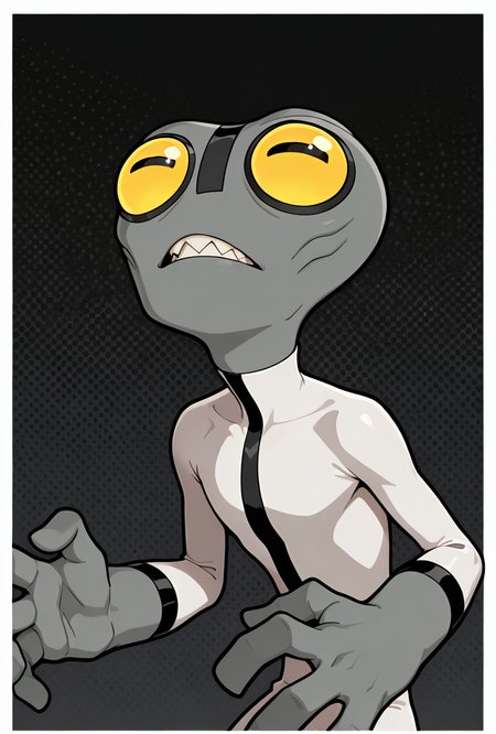<lora:greymatter-09:1> greymatter, solo, 1boy, bodysuit, grey skin, , sharp teeth, big yellow eyes, big head, dynamic pose, small body, big hands,, masterpiece, best quality, amazing quality, very aesthetic, absurdres, newest,, upper body, halftone effect, white borders, abstract background:1.2,