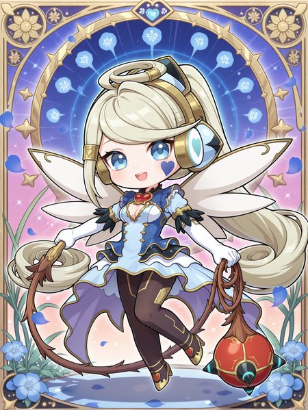chibi, trickstar holly angel, 1girl, solo, heart, vine flail, smile, holding vine flail, open mouth, looking at viewer, black pantyhose, full body, :d, gold high heels,  blue heart facial mark, gold headset, gold hair tubes, blue dress, white elbow gloves, watermark, shadow, spread wings,flower, blue petals, garden
masterpiece,best quality,amazing quality,very aesthetic,absurdres,newest,<lora:Trickstar holly angel illusXL v1.21:0.73>,