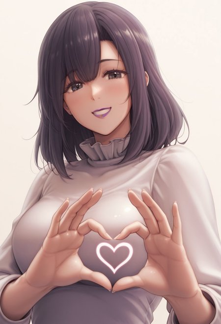 dre , 1girl, solo, medium build, medium hair, sfw, safe for work, covered skin, flowy dress,  black eyes, purple lipgloss, smiling, portrait, upper body, heart hands, mature female, foreshortening, detailed, newest, shiny skin, cowboy angle, solo focus, medium breasts,