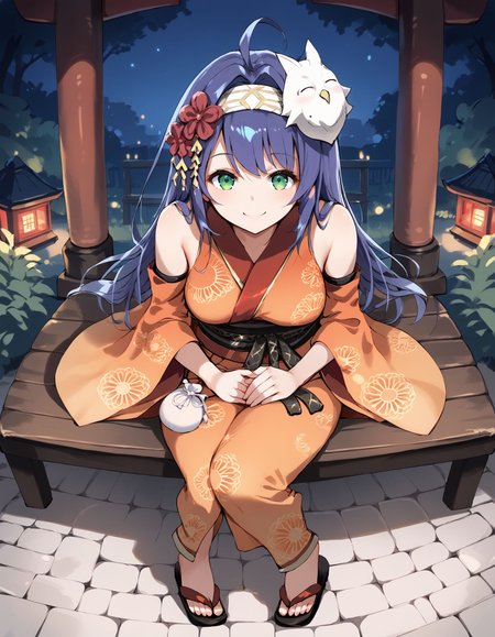 score_9, score_8_up, score_7_up, score_6_up, BREAK source_anime, best quality, masterpiece,
1girl,<lora:yukata miaPonyXL:0.8>,yukata mia,hairband,mask on head,hair ornament,orange kimono,detached sleeves,sash,pouch,sandals,full body,sitting,on park bench,smile,looking at viewer,shrine,night,from above
