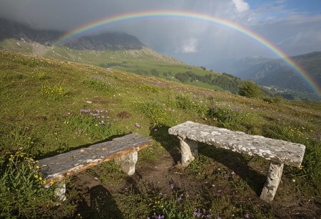 (no human:1.18), scenic wide alpine landscape, flowering juicy mountain meadow at springtime, Scandinavian Mountains(butterflies:0.36), group of  birch trees, (Stone bench) Weathered, worn, nestled among wildflowers, for a lonely rest,  
(Mountain wildflowers: Alpine aster (Aster alpinus) 
(sunshine after rain, dim transparent rainbow crossing the valley:1.18)
(Softbox key light, a clean, even, almost flawless illumination, a slight catchlight in the subject's eyes), ARTSTYLE  (epic:1.29, (high image quality:1.08), (RAW:1.02) (high resolution photograph:1.28),high definition,  <lora:sdxl\pony-realism-22-nsfw-photo.safetensors:0.85:0.18> <lora:sdxl\add-detail-xl.safetensors:0.87:0.10  p4,s20