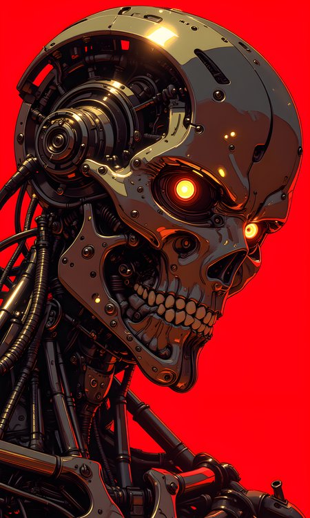 The image is a highly detailed and striking illustration of a robotic head, reminiscent of the iconic design from the "Terminator" franchise. The background is a solid, vivid red, which creates a stark contrast with the metallic sheen of the robot's features. The robot's face is composed of various mechanical components, including gears, pistons, and wires, all meticulously rendered to give a sense of intricate engineering.
The camera appears to be positioned slightly below the subject, looking up at the robot's face, which adds to the imposing and intimidating presence of the figure. The lighting is dramatic, with strong highlights and shadows that emphasize the three-dimensional quality of the metal parts. The light seems to be coming from above, casting shadows that accentuate the contours and details of the robot's face.
The robot's eye is particularly striking, with a glowing red light that stands out against the dark metal. This red glow gives the robot an almost menacing appearance, as if it is scanning or analyzing its surroundings. The mouth area is open, revealing rows of sharp teeth, adding to the overall sense of danger and threat.
The composition centers the robot's head in the frame, with the lines and shapes of the mechanical parts leading the viewer's eye across the image. The use of color and texture creates a sense of depth and dimension, making the image feel almost lifelike despite its clearly artificial nature. The overall effect is one of power and intensity, capturing the essence of a formidable and unstoppable machine.
BREAK anime, d13s3lp2nk, bboil artist style, OBdonman, Anime art, <lora:FLUX\Anime Art V3:0.2>, <lora:FLUX\Synesthesia:0.2>, <lora:FLUX\RetroAnimeS1.1:0.5>, <lora:FLUX\Flux-jijia:0.1>, <lora:FLUX\It's a LoRA for portraits, BUT! actually specialized in backgrounds. v1.0:0.1>, <lora:FLUX\GLSHS:0.2>, <lora:FLUX\Dieselpunk Delight - s0_9 g4:0.4>, <lora:FLUX\OBdonman, anime0style portrait:0.1>