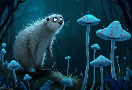 A whimsical illustration of a thin badger with bristly fur in dark whimsical art style, lurking among blue bioluminescent and red spotted mushrooms, digital painting with expressive brushstrokes showing textured fur, eerie forest background, characteristic Tim Burton inspired design with gleaming silver eyes