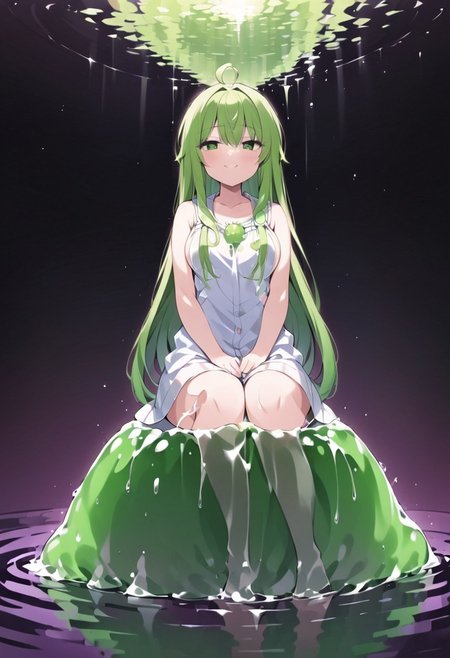 (masterpiece), (score_9, score_8_up, score_7_up,source_anime), 4K8K, best quality, high res image, illustration, Uncorrected, CG, 
(girl view from below. look-up angle:1.3), from side, 
1 woman sitting on a giant white grape slime, pretty white slime, (lot of white grape cubes around woman), (hair over breasts, long hair, hair censor:1.4), twinkle grape cube, 
slime, slime like a white grape, white grape slime, see-through slime, 
BREAK
medium breasts, 
(gradient hair, green hair, very long hair, Bangs covered eyes, ahoge, hair over breasts, hair censor), 
(hair blind eyes, half opened eyes, jitome, smile), 
wearing hooded robe, linen dress, culottes, denim short culottes, 
in orchard, fruit orchard, fruits trees,
