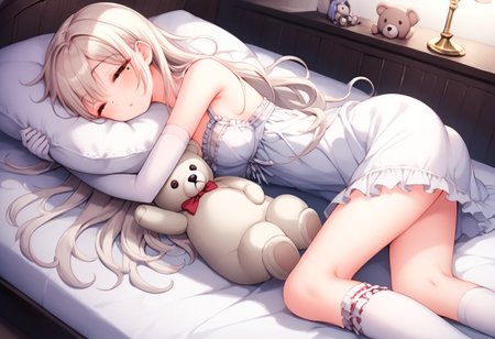 Ultra HD, source anime, game CG, masterpiece, best quality, girl sleeping,long hair + sidetail,silk Thigh high sock, elbow gloves, elegant white laced negligee, smooth pale skin, medium breast,mole near eyes,brown eyes,dimple of venus,hugging stuffed bear,head on pillow, girly room background