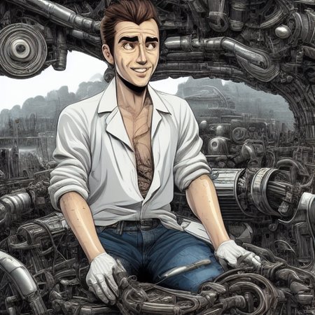 mechanical background, mechanic, fixing, shirt, clevage, dirty, facing viewer, tired, sweating, grin, perfect quality, HD, 4k, masterpiece,