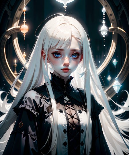 1woman, (white straight hair:1.3), ((Gloomcore)), dark magical atmosphere, glowing, <lora:GoodHands-vanilla:1>,  <lora:AnzhcDreamwave v3_1 watermark fix:0.8>