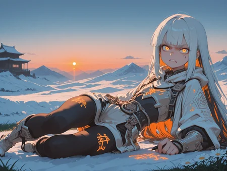 masterpiece, best quality, very aesthetic, absurdres, (solo:1.4), 
sunset, frozen tundra, snow,   
1girl,  very long hair, drill_hair,  hair highlights,dark white hair highlight, dark orange hair,  light Turquoise eyes, crazy, angry, looking at viewer, thick eyebrows, writing, body writing,    tights,  flat chest, knee high boots, ornate belt, lighting aura, glowing clothes, ,     
  on side, laying on side, leaning back,, (solo:1.6), (character focus:1.4),  close up, 
 multicolored clothes, colored clothing edges, 
light aqua clothes,   tiled  Overcloak,  armored, armor, armored clothes,   
  sweatshirt,   clothes,
simple background, flowers, daisy field, grass, magical clouds, chinese architecture, glowing runes,
<lora:StS-Illustrious-Detail-Slider-v1.0:2> <lora:Crestyle_Illu:0.3> <lora:anime_screencap:0.3> <lora:S4bit4mago:1.2> S4bit4mago_illu, <lora:re4lity:0.4> re4lity_sync_illu <lora:ponyv6_noobE11_2_adamW:0.8> <lora:- iLL - the_edgy_mech_V2.0-:0.4> <lora:aidmaMJ6.1_v0.5_IL:0.3> aidmaMJ6.1