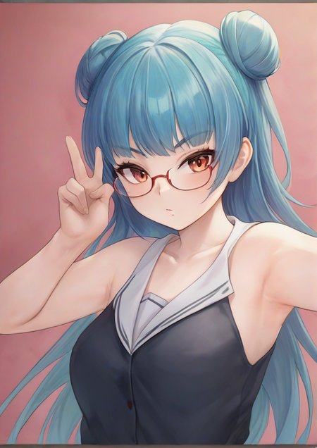 1girl, tsushima yoshiko, furry female, armpits, birthday, blue hair, breasts, collarbone, dated, glasses, hair bun, long hair, red eyes, rimless eyewear, school uniform, single hair bun, small breasts, solo, upper body, uranohoshi school uniform, peace sign<lora:REN.:1>