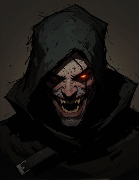 Ev Ganin style. This is a digital illustration in a dark, gritty, and stylized comic book art style. The subject is a male figure with a gaunt, gauntleted hand, and a face obscured by a hood, revealing only his piercing, glowing red eyes that stand out starkly against the dark background. His face is twisted in a snarl, with a menacing expression, and his mouth is open, revealing sharp, pointed teeth. <lora:Ev_Ganin:1.0>