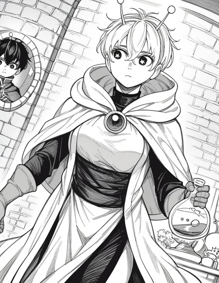 score_9, score_8_up, score_7_up, source_anime, <lora:vamola-manga-ponyxl-lora-nochekaiser:1>, vamola, short hair, bangs, hair between eyes, symbol-shaped pupils, antennae, star-shaped pupils, monochrome, greyscale, medium breasts,, <lora:wizard-ponyxl-lora-nochekaiser:1>, wizard, wizard hat, robe, dress, long sleeves, gloves,, indoors, bricks, potion, flask, vial,, cowboy shot,, , dutch angle, cowboy shot