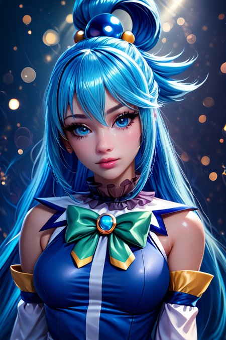 score_9, score_8_up, score_8, medium breasts, (curvy), cute, eyelashes,       ,,, , ,,,  zzAqua, blue hair, long hair, blue eyes, single hair rings, hair ornament, looking at viewer,  detached sleeves, skirt, shirt, thighhighs, bare shoulders, white thighhighs, blue skirt, blue shirt, green bow,  <lora:Aqua_Konosuba_PDXL:0.8>,  ,,,, BREAK,  (ultra realistic,32k, masterpiece:1.2),(high detailed skin:1.1),( high quality:1.1), head tilt, lips, closed mouth, shiny clothes, (upper body), looking at viewer, bokeh, luminescent background, ,,, embedding:zPDXL, Expressiveh, ,,, <lora:RlAnmPDXL:1.0>,