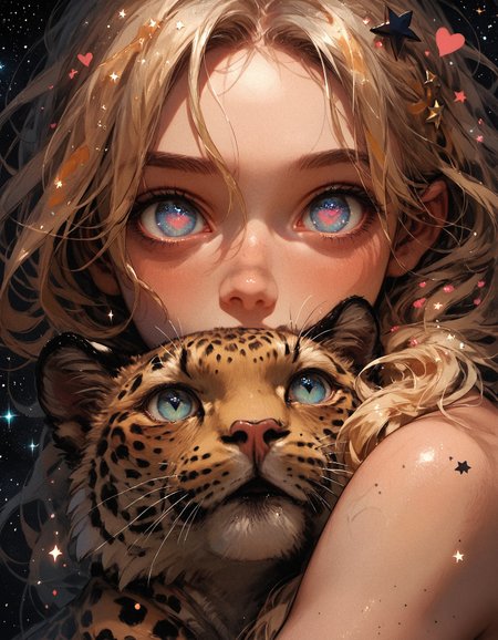 score_9, score_8_up, score_7_up, score_6_up, score_5_up, score_4_up,  girl and a leopard, (black star:1.2), girl has blonde hair and blue eyes, pink heart, small eyes, galaxy, black background