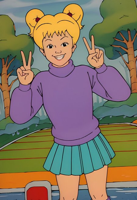 score_9,score_8_up,score_7_up,score_6_up, source_cartoon, retro_artstyle
DAHudson, 1girl, blonde hair, twintails, black eyes, purple sweater, pleated skirt, aqua skirt, purple socks, sneakers, forest, smiling, v, victory pose, teeth, grin, cowboy shot, looking at viewer, dutch angle, close-up view, front view