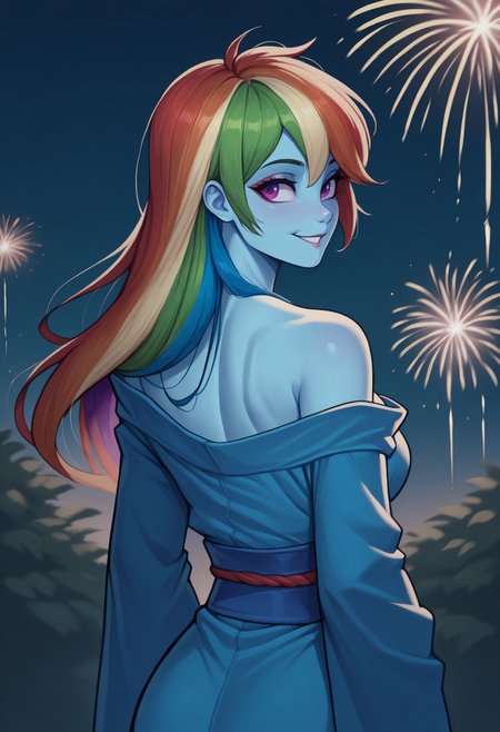 anime, masterpiece, best quality, <break> solo, 1girl, rbwdsh, blue skin, smile, looking back, long hair, rainbow hair, green hair, blonde hair, red hair, blue hair, purple eyes, japanese clothes, kimono, off shoulder, blue sash, obi, bare shoulders, outdoors, night, fireworks
<segment:yolo-Anzhc Face seg 640 v2 y8n.pt,0.4,0.5//cid=1>