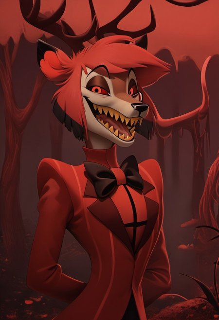 score_9, score_8_up, score_7_up, score_6_up, masterpiece, solo, ((detailed eyes, detailed face, detailed fur, 
BREAK
Great Prince of the Forest, GPotF, deer, buck, disney, antlers, red fur, beige markings, brown eyes, brown eyelids, brown eyeshadow, eyeliner, black eyebrows, anthropomorphic deer, furry, anthro deer, animal focus, alastor_hh, alastor \(hazbin hotel\), solo, red theme, 1boy, red eyes, bow, smile, looking at viewer, evil smile, grin, short hair, bowtie, horror, monocle (theme), sharp teeth, yellow teeth, laughing, open mouth
<lora:add-detail-xl:1.0>