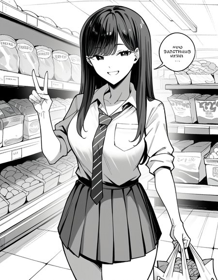 score_9, score_8_up, score_7_up, source_anime, <lora:manno-kuroda-manga-ponyxl-lora-nochekaiser:1>, kuroda, greyscale, monochrome, large breasts, long hair, bangs, school uniform, skirt, necktie, pleated skirt, rolled-up sleeves, shirt, collared shirt,, grocery store, cashier, shopping bag, scanning items, small talk, everyday routine, smile, looking at viewer, v, v over eyes,, solo,, cowboy shot, dutch angle