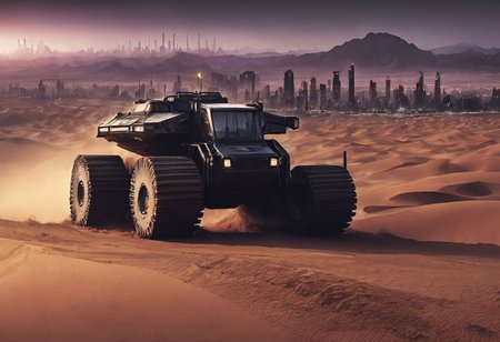 desert, close-up, heavy machinery, heavy equipment, sharp focus, futuristic, <lora:Cbebop-background:1.5>, high quality, high resolution, art by Cain Kuga, night, breathtaking scenary,  high-tech,  cyberpunk, volumetric lighting, (long exposure:1.5), dusty, gloomy, cityscape in the background,