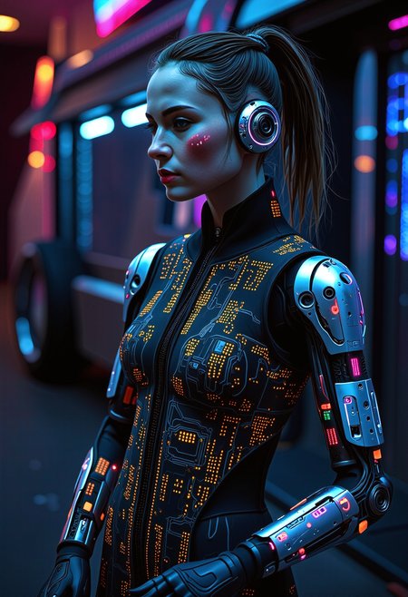 (vaporwave dream young alien cyborg), wearing Data-stream dress, cybernetic Futuristic flexible circuit board patches grafted onto skin with tiny neon-hued microchips dotting their surfaces augments, Biomechanical cyborg limbs with organic elements fused with metal, pulsing veins, biomechanical textures mechanical_arms, legs, arms and mechanical_legs, set in mesh of neon-lit circuits cover truck, holographic displays, retro-futuristic chrome accents, curved aerodynamic pod, gull-wing doors reveal a compact high-tech kitchen, holographic menu floats above the serving counter, hover_vehicle , , <lora:Defluxion II.safetensors:1.0>, <lora:artist/style_of_Gil_Elvgren_FLUX_149-000009> <lora:flux/Sinfully_Stylish_1.0_Flux.safetensors:1.0>,  <lora:peeps/Emma_Watson-000052.safetensors:1.0>,