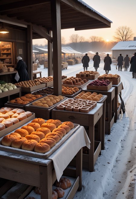 photo of a lively Amish market, featuring tables of baked goods, wooden crates of vegetables, handcrafted items, simple signage, during winter, at sunrise ,Masterpiece,best quality, raw photo, realistic, very aesthetic