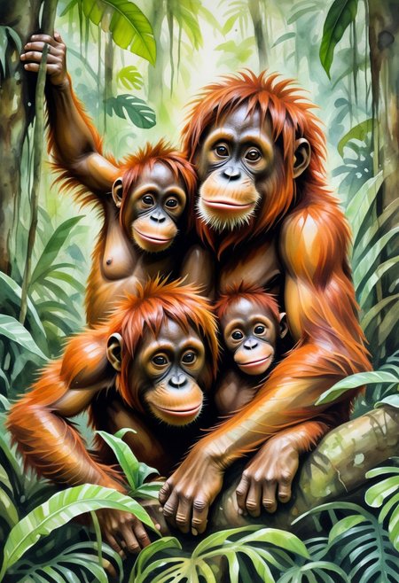 artrngtn, sumatran orangutan  youngsters playing in the jungle with mommma watching,  watercolor and marker in the style of graffiti